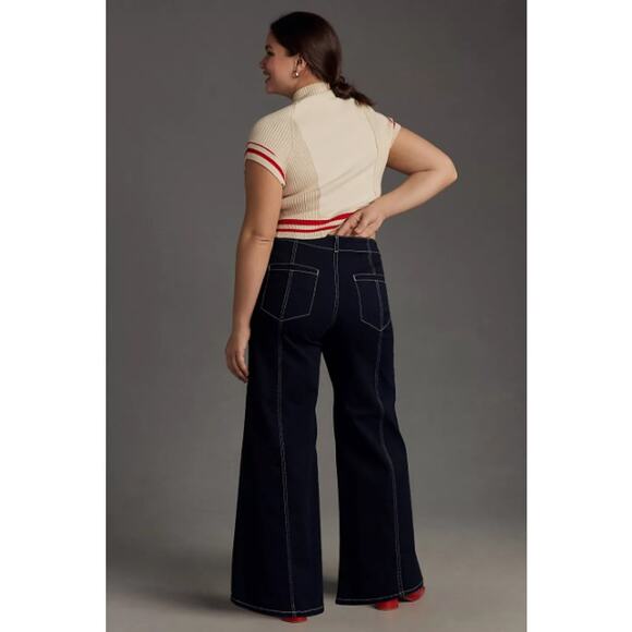 Maeve Jeans Women 30 The Delaney Clean Seamed Wide Leg Blue Contrast Stitch Boho - Picture 4 of 16